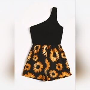 SHEIN Black and Orange One-Shoulder Kids One Piece
